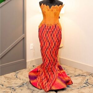 Beaded GLITZ Orange Pink & Purple Strapless Gown